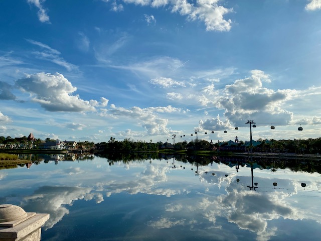 Disney Skyliner gliding above Caribbean Beach Resort